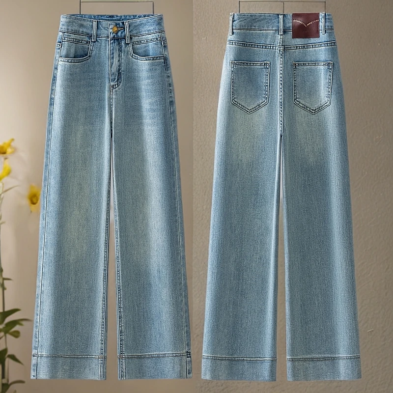 牛仔阔腿裤女2025春季新款梨型身材显瘦高腰浅色窄版休闲直筒裤子