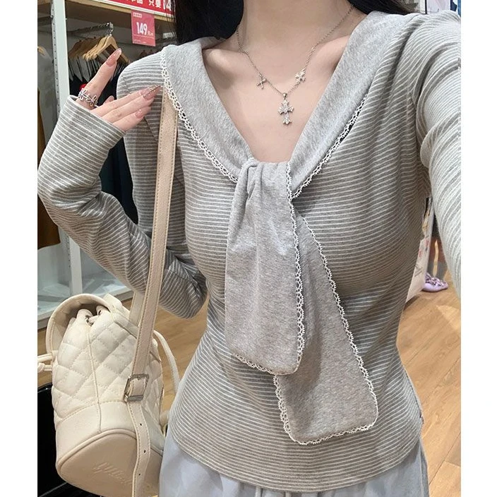 蕾丝花边绑带条纹长袖T恤女秋季纯欲风甜辣妹修身显瘦内搭打底衫
