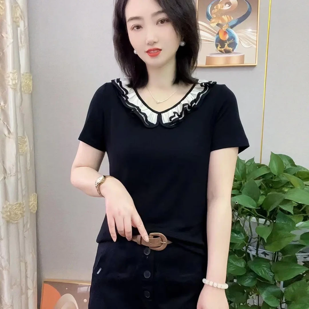 夏季新款时尚洋气花边领短袖T恤女气质显瘦百搭减龄女士上衣