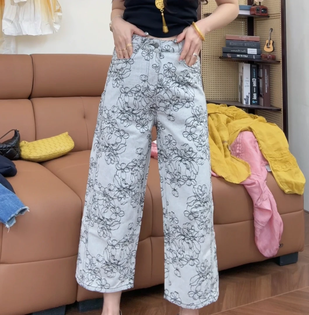 museguhui/木色古汇83008#时尚气质显瘦复古提花无弹力牛仔裤宽松