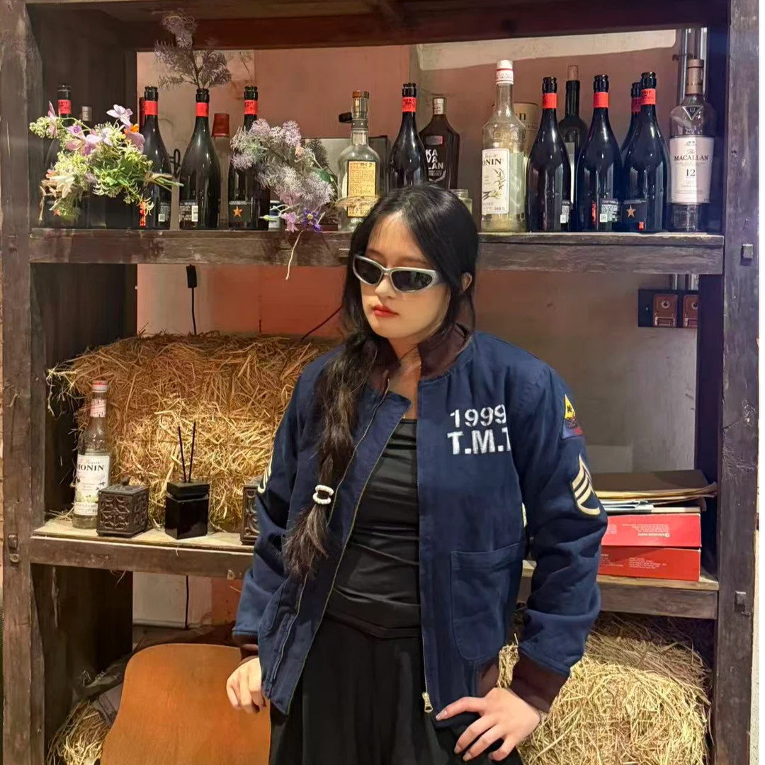 美式复古羊毛工装004藏蓝飞行夹克男外套