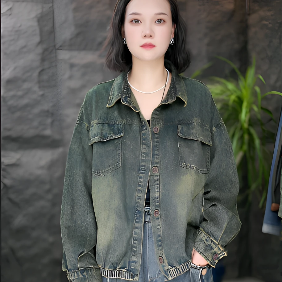 FF短外套单排扣水洗宽松复古做旧外套印花辣妹风女潮流休闲韩版