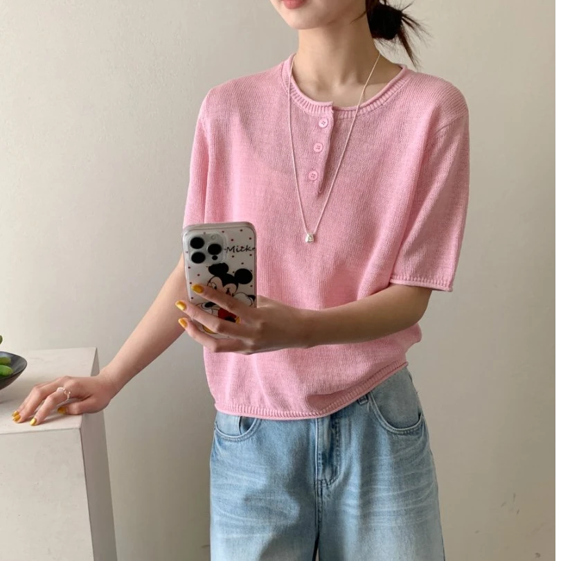 【素简.500106】夏季女装新款进口三扣和纸短袖针织衫