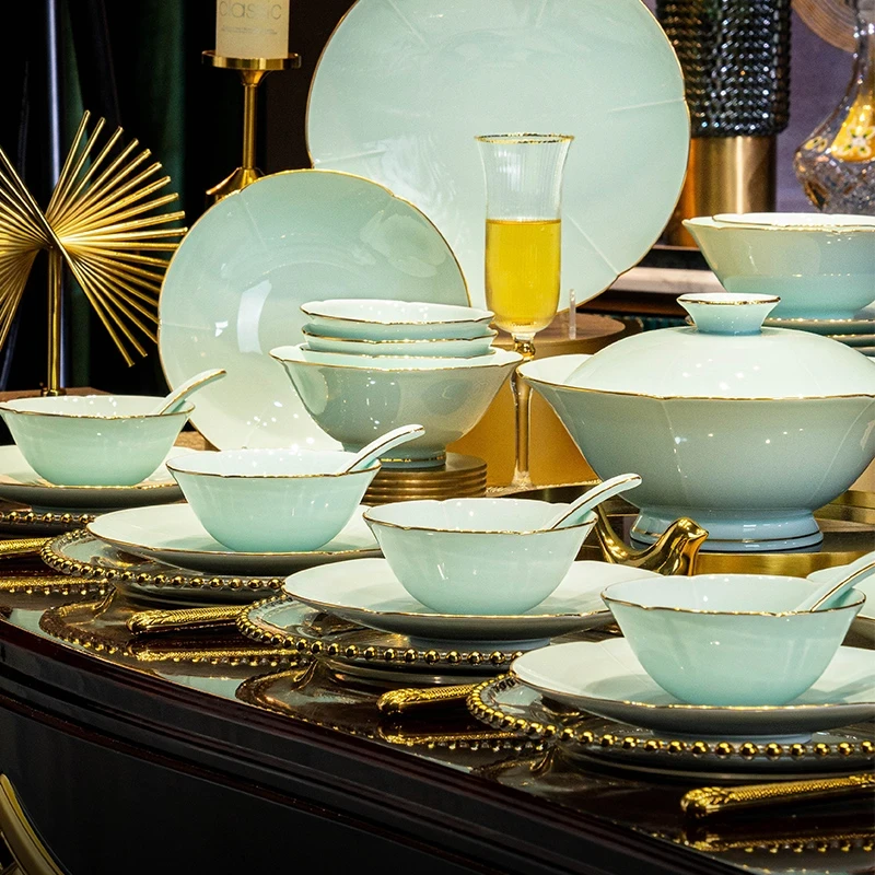 宋青葵口48件景德镇餐具套装中式轻奢碗盘组合高档