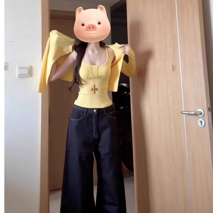 早春季慵懒风黄色针织开衫吊带两件套2025新款短款上衣毛衣外套秋