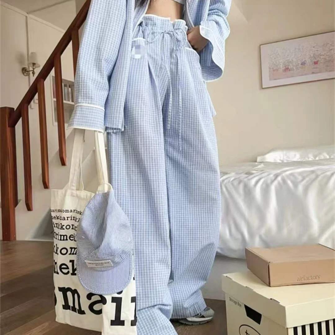 A05-【천억수출입】韩系~花苞腰格子薄款高腰显瘦抽绳阔腿裤休闲裤