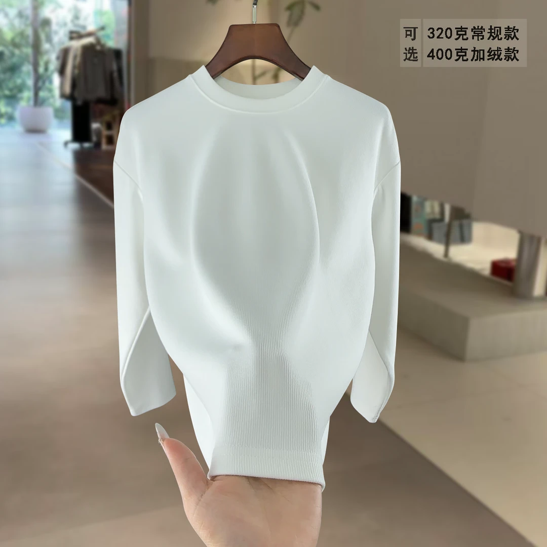 320克竖纹男士圆领打底衫秋冬高档宽松休闲内搭白色长袖t恤内搭