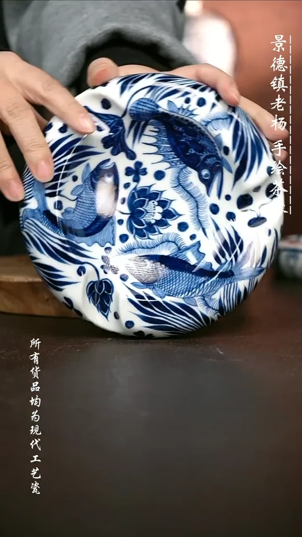 手绘 高温现代瓷  气窑 鱼藻三口茄缸