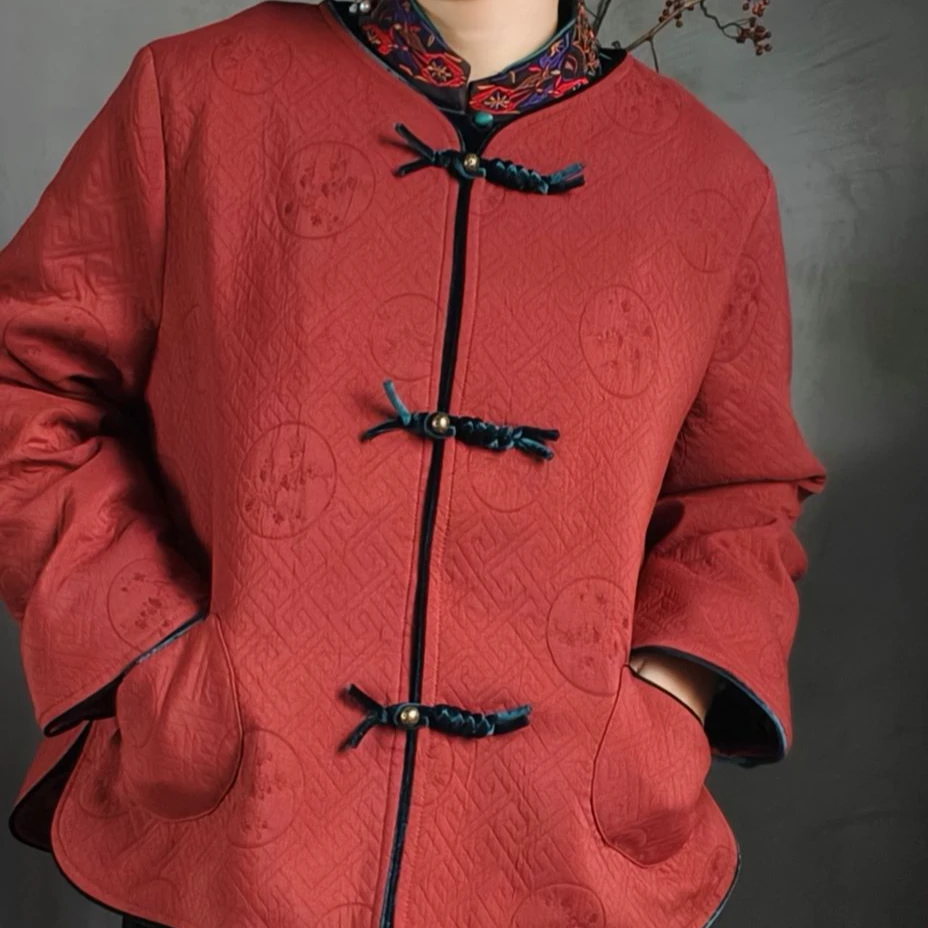 圆领百搭中国风长袖直下摆短外套ins民族风棉衣中式提花上衣