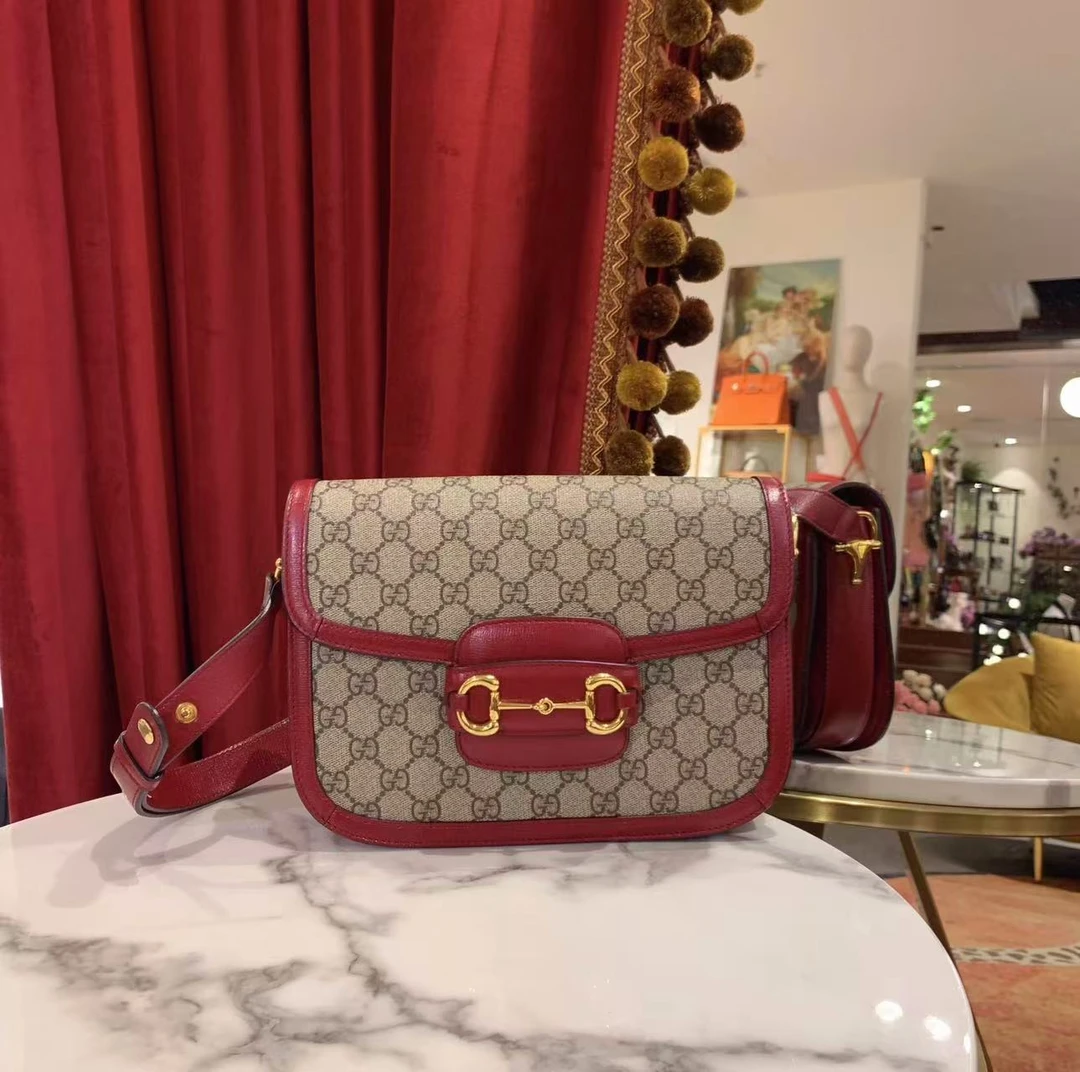 95新 GUCCI/古驰 古驰1955小号红色拼老花金扣单肩包/98612616