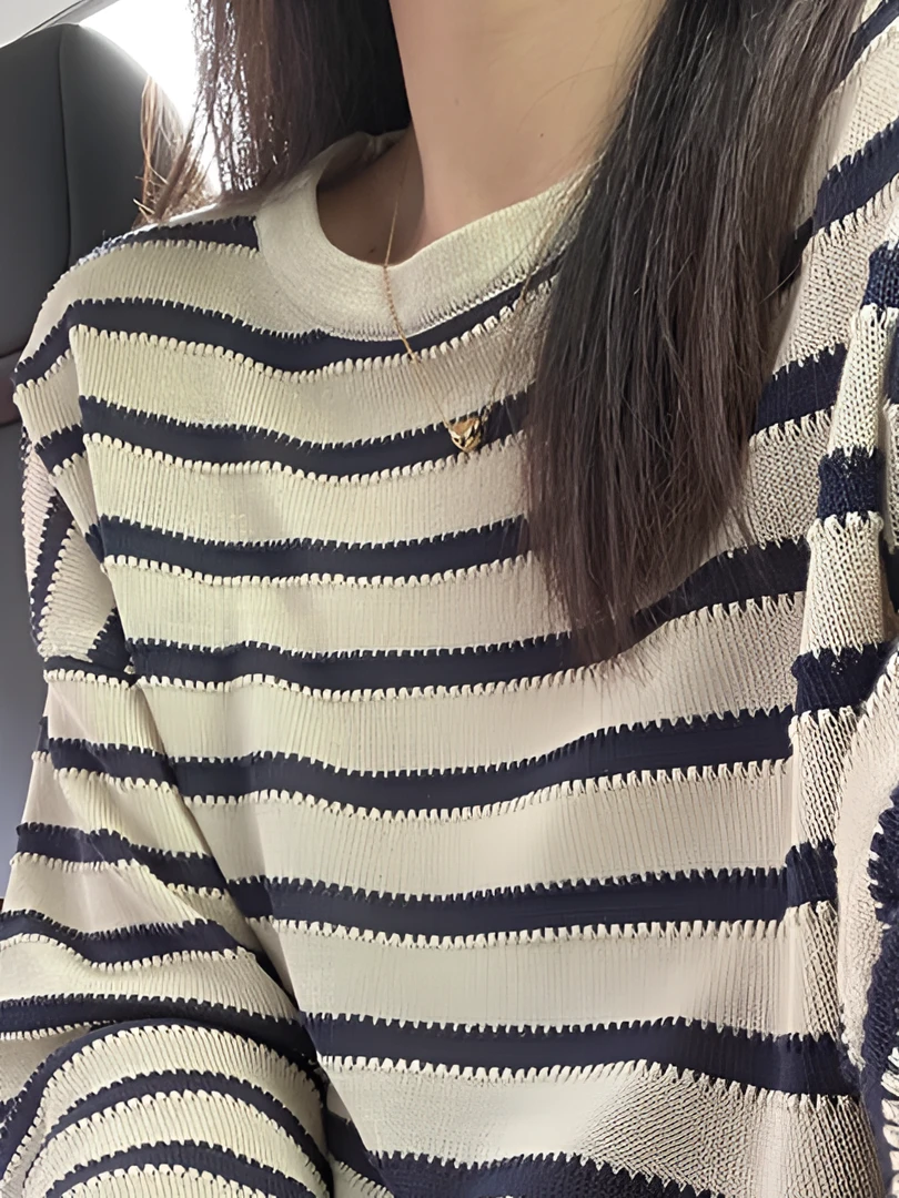 春夏百搭休闲长袖圆领条纹套头T恤宽松上衣