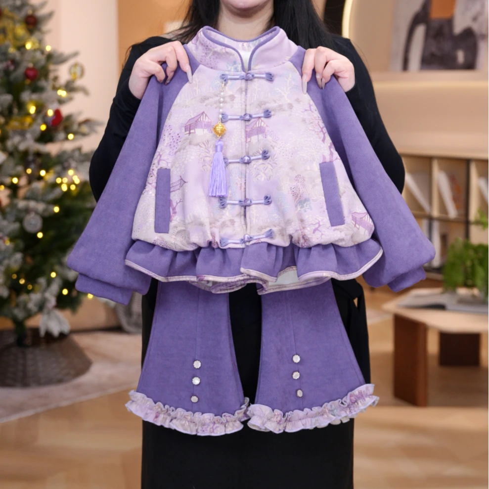 冬季女童加厚韩版毛领外套上衣百褶裙套装DC40853