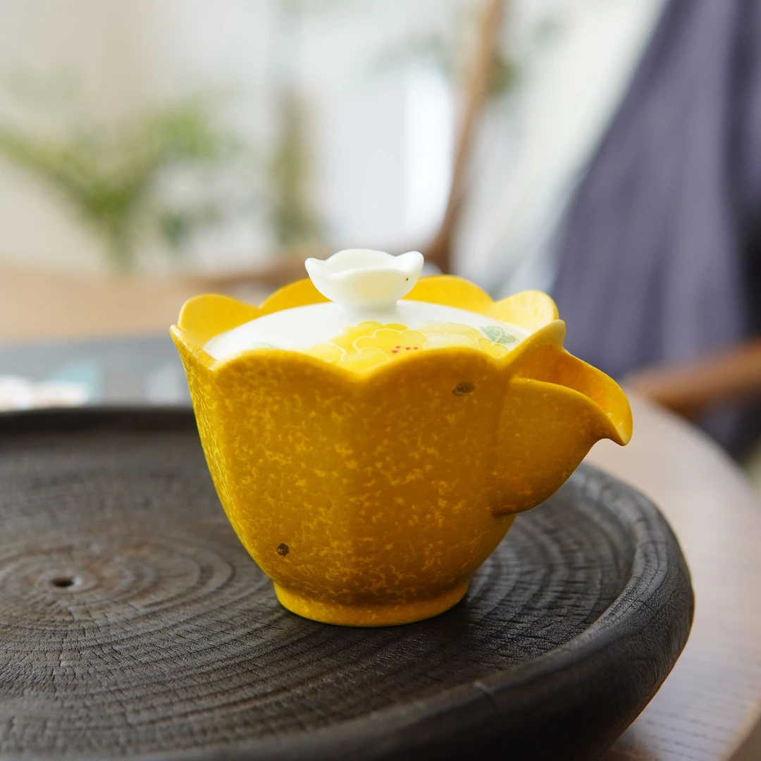 亘古焦糖釉黄牡丹手绘釉下彩宝瓶壶茶水分离茶壶泡茶精致花口茶具