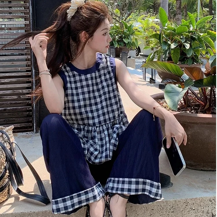 【胖彤彤】699132#（单拍）慵懒风格子娃娃衫+坎袖+阔腿裤L/648