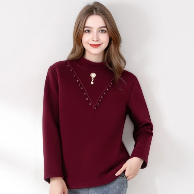 超柔软加绒珍珠吊坠设计感气质中老年保暖加厚打底休闲上衣
