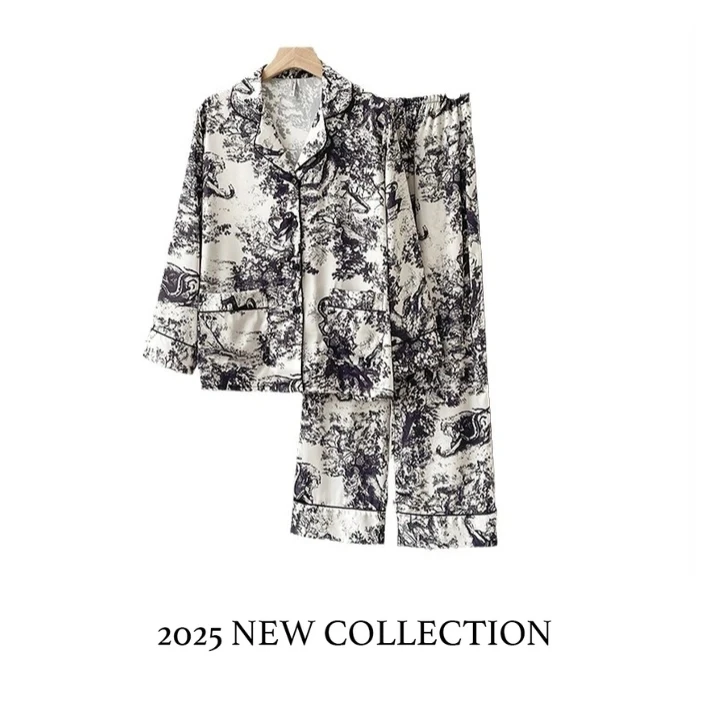 情侣款黑色冰雪丝山水印花睡衣2025年新款春季家居服3194