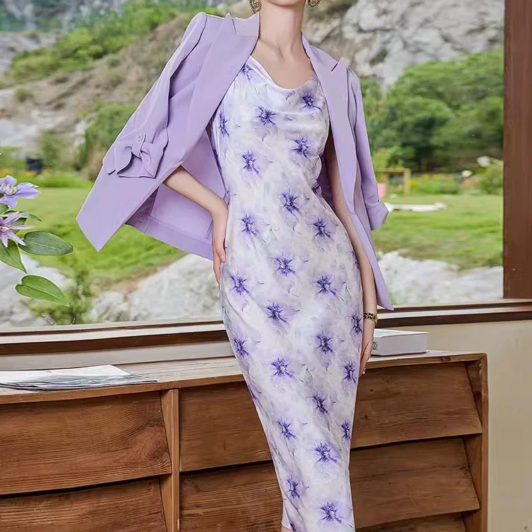 C1836法式通勤职场女装两件套气质七分袖西装套裙印花吊带连衣裙A