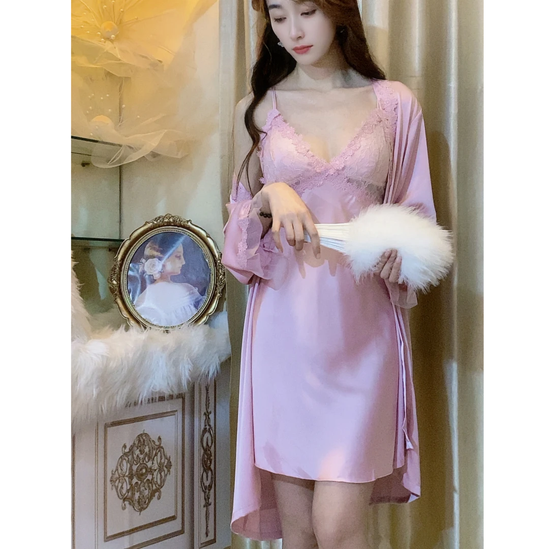 睡裙性感家居服夏季薄款露背睡袍春夏蕾丝短袖刺绣不褪色