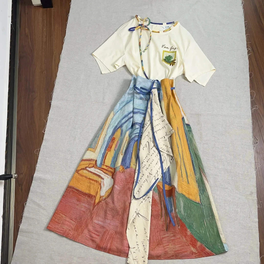 复古文艺梵高不规则半身裙女搭配短袖t恤2025夏季新款两件套装