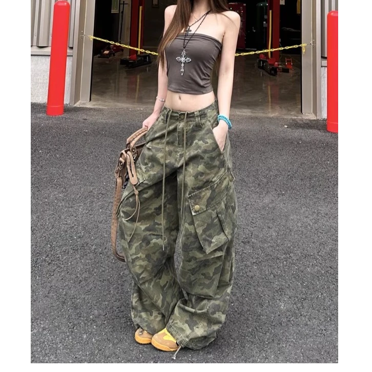 美式做旧设计感抽绳迷彩阔腿工装牛仔裤女夏季新款宽松裤子0620#