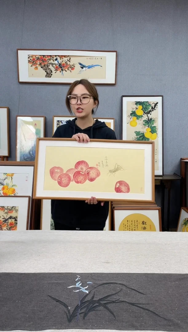 【闪购商品】国画武桂芳-纯手绘带框作品-35*68-苹果