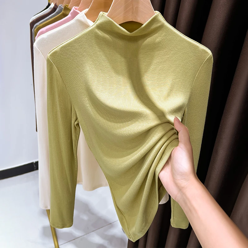 秋冬季半高领保暖打底衫女修身内搭正肩长袖T恤2026新款气质上衣