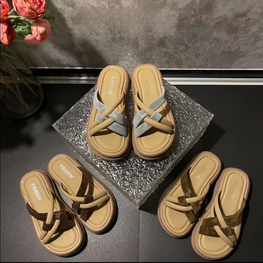 2025夏季新款豹纹交叉日常百搭气质款简约外穿厚底舒适拖鞋