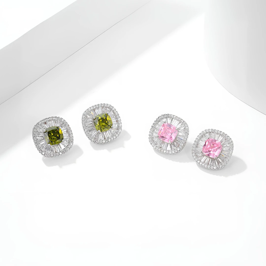 铜合金锆石耳饰 高级感几何方形耳钉女 气质小众设计精致百搭耳饰