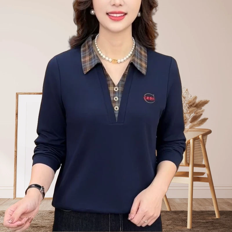 洋气减龄翻领假两件长袖上衣女秋季新款气质百搭宽松显瘦休闲小衫