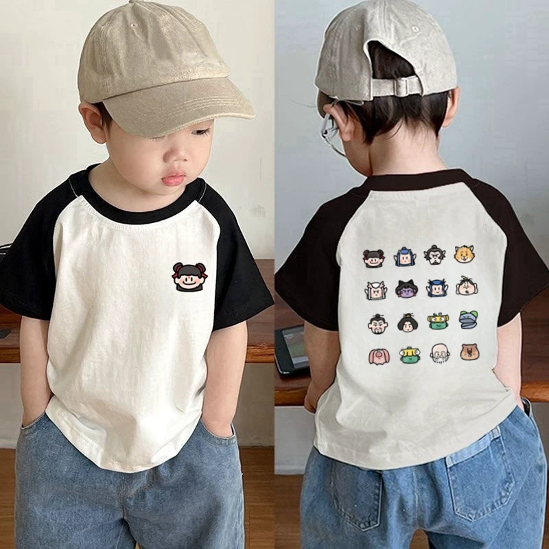 夏季新款洋气拼色短袖T恤哪吒合集小头像印花男女童宝宝洋气上衣