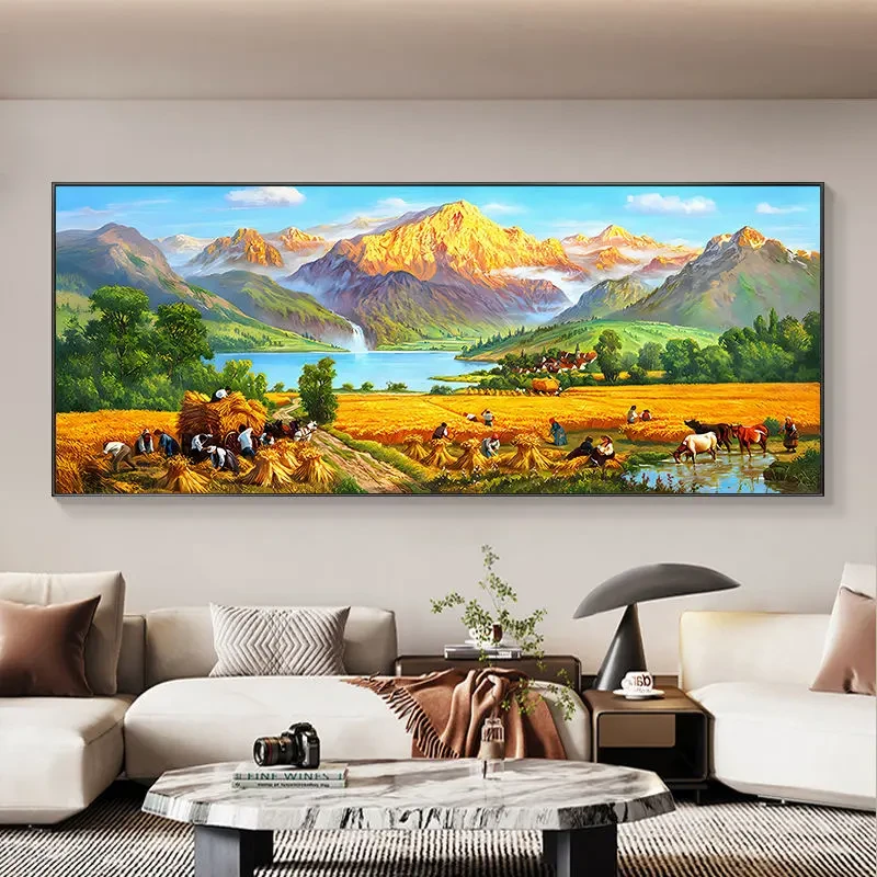 新款聚宝盆山水画客厅装饰画日照金山水画沙发背景挂画丰收稻田画