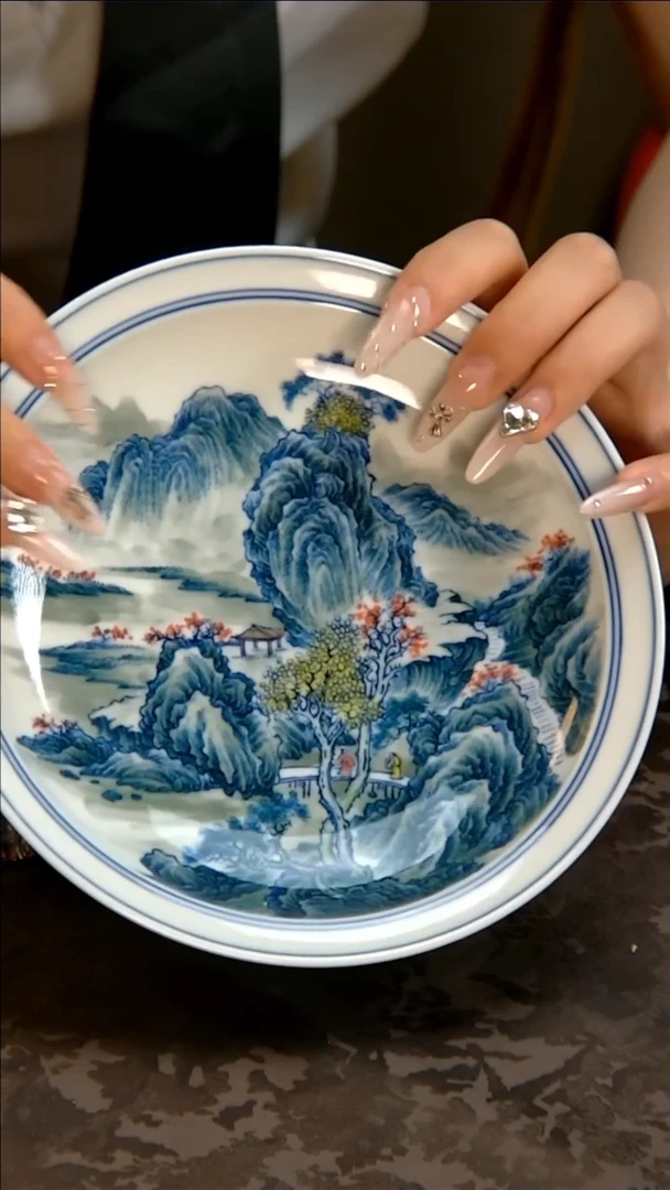 青花手绘山水主人壶承！