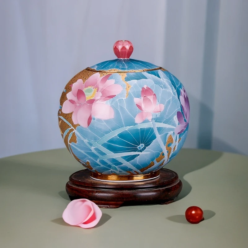 釉下彩鎏金手绘陶瓷茶叶罐密封罐茶饼普洱家用存茶罐茶缸家居摆件