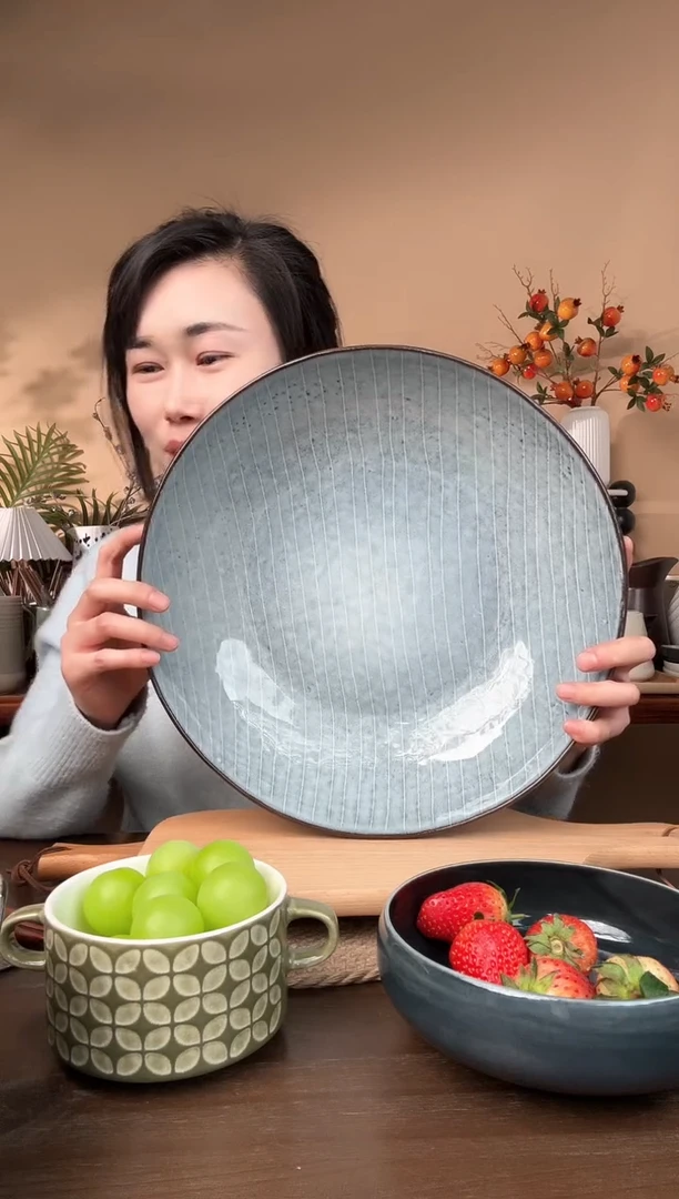 【闪购商品】瓷片13英寸异形窑变线条麻点大汤碗微瑕