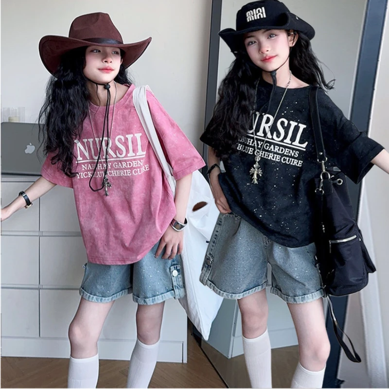 女童夏季新款时尚撒银短袖百搭烫钻牛仔短裤女孩洋气休闲宽松套装