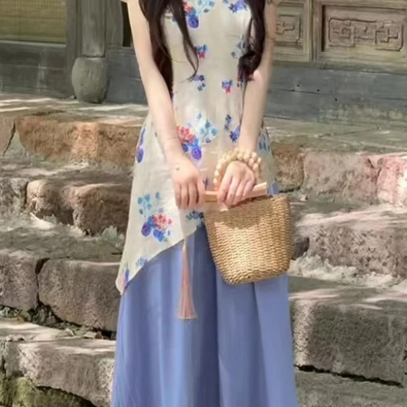 思581#国风新中式旗袍改良蓝色连衣裙女2025新款拼接印花中长裙