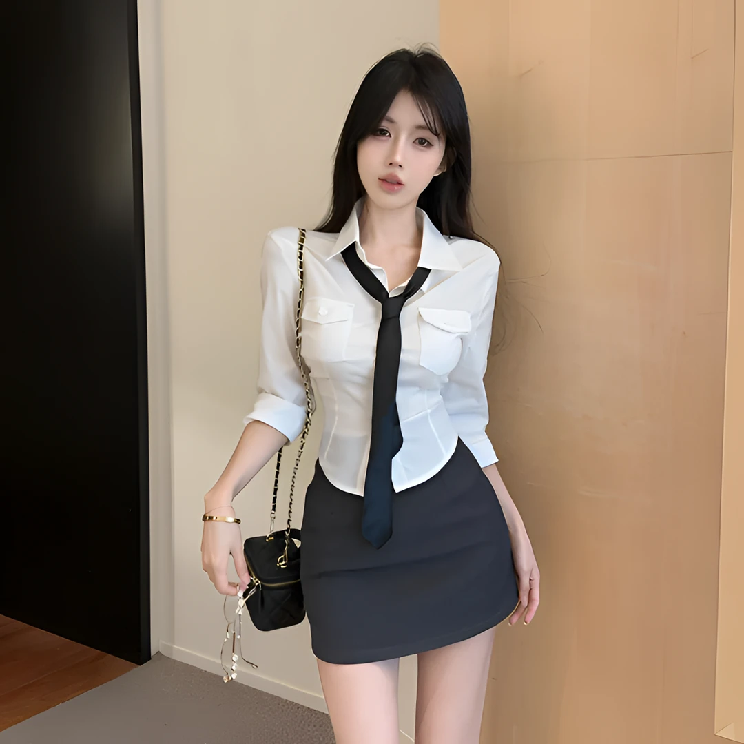 纯欲性感包臀短裙制服显瘦套装秋季学院风气质收腰白色衬衫两件套
