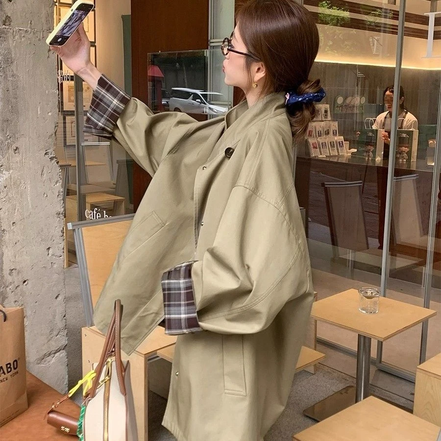 【新款+运费险】高级撞色中长款风衣外套廓形显瘦英伦风大衣DJ225