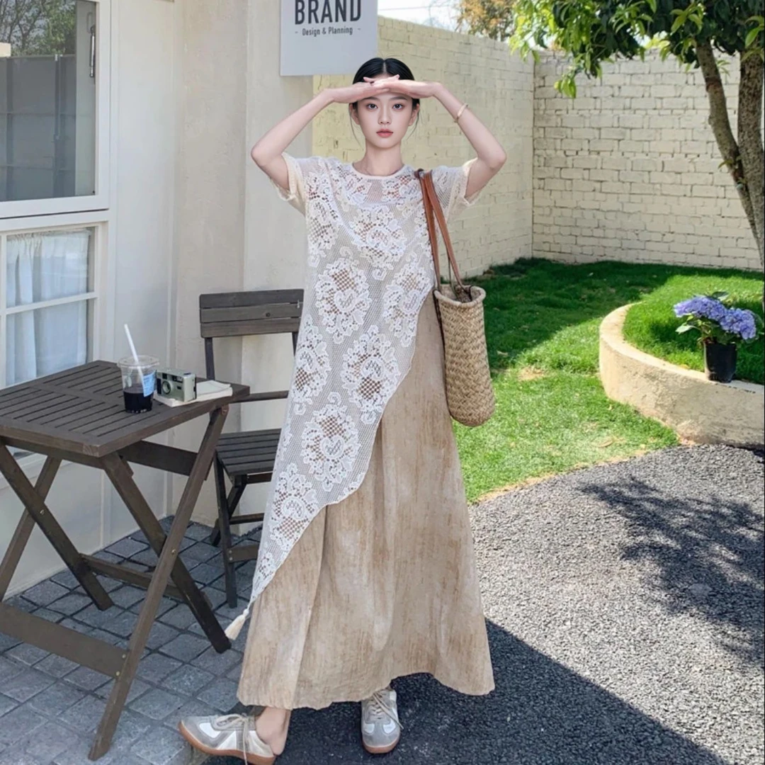 清凉法式慵懒民族风气质镂空罩衫吊带裙时尚套装夏季连衣裙两件套