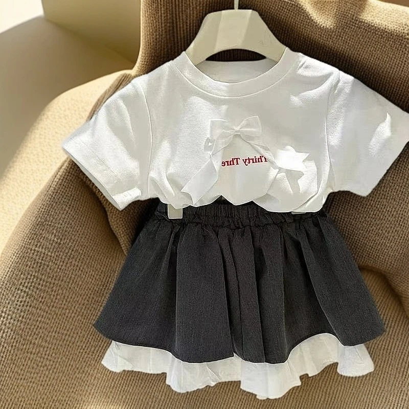 宝宝夏款T恤女童甜美蝴蝶结T恤短袖上衣洋气小女孩学院风短裙套装
