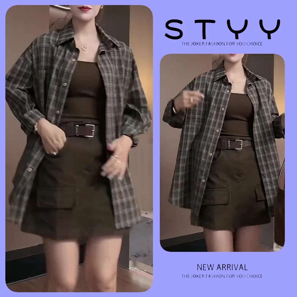 韩版美式复古格子衬衫+百搭背心+高腰短裤女秋季2025新款三件套