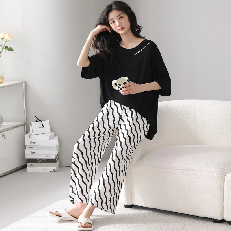 夏季夏款睡衣女薄款莫代尔凉感宽松慵懒感三件套家居服女短袖短裤