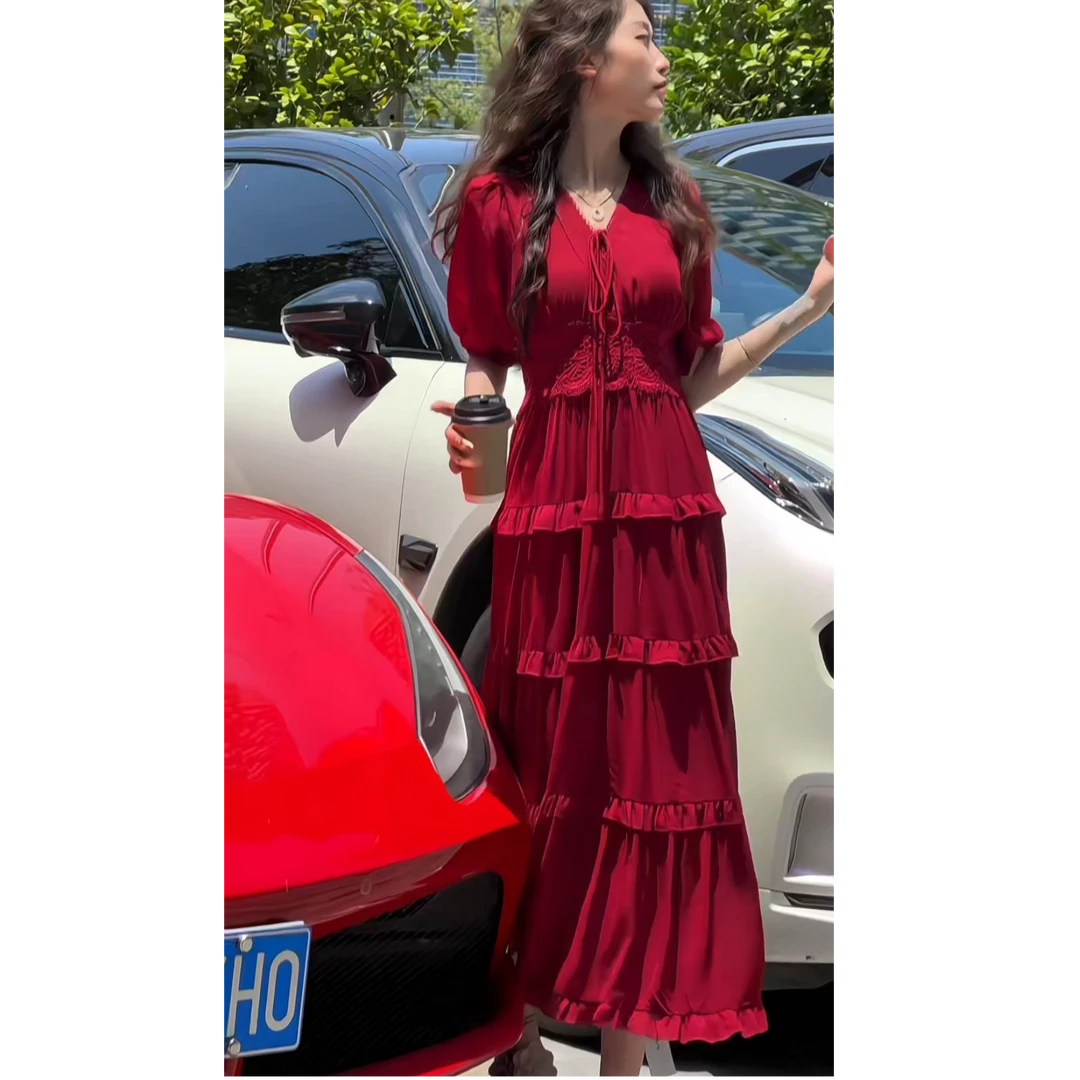 【樱桃庄园】高级感法式气质收腰显瘦红色轻熟风夏季短袖