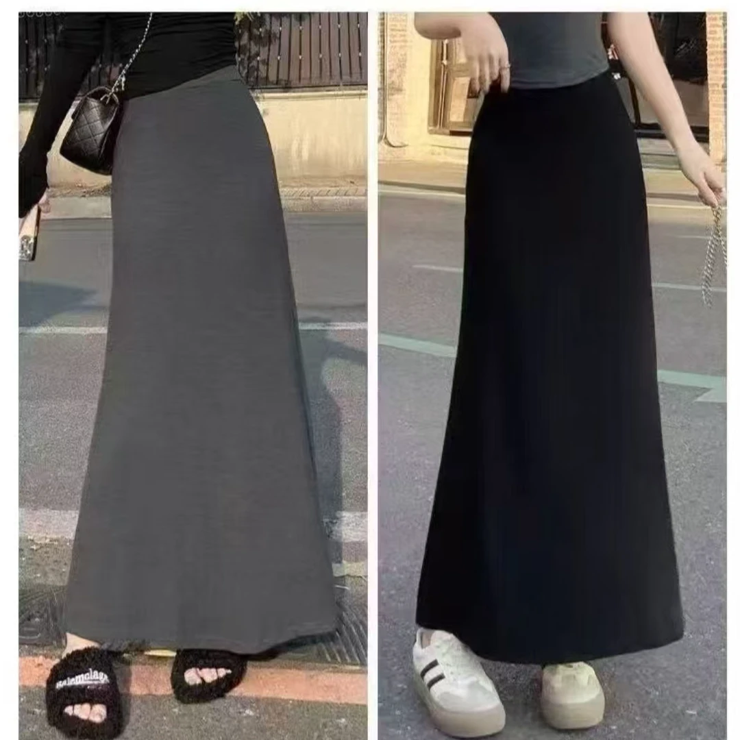 拉夏贝尔长裙黑半身裙2025夏季新款高腰垂感长款显瘦气质A字裙子