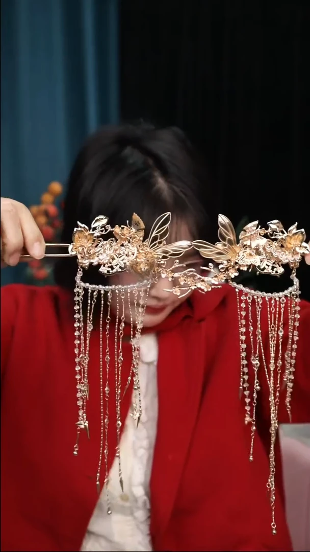 铜梅花蝴蝶幕布流苏发钗一对