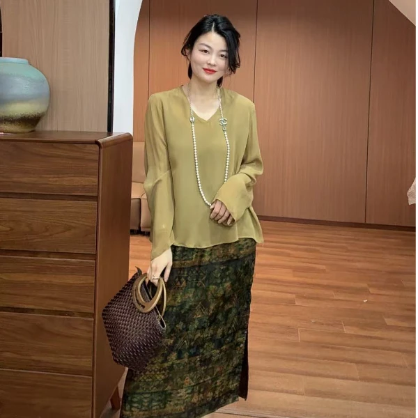 TANTAN  人丝香云纱时尚蓝色印花半裙1021