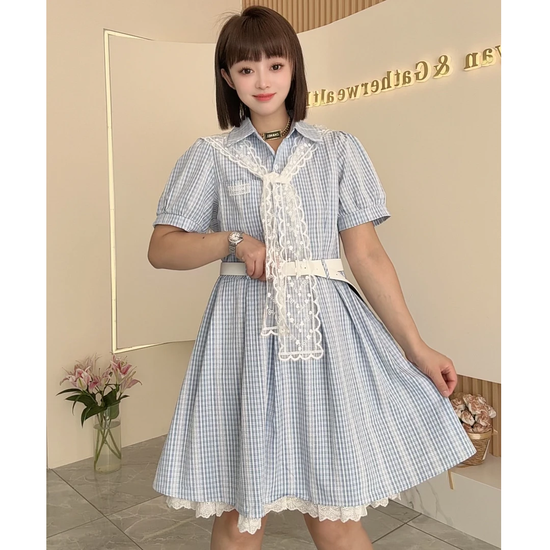【鑫焱甄选】学院风法式短袖格子dj春季POLO领A字裙连衣裙纯色