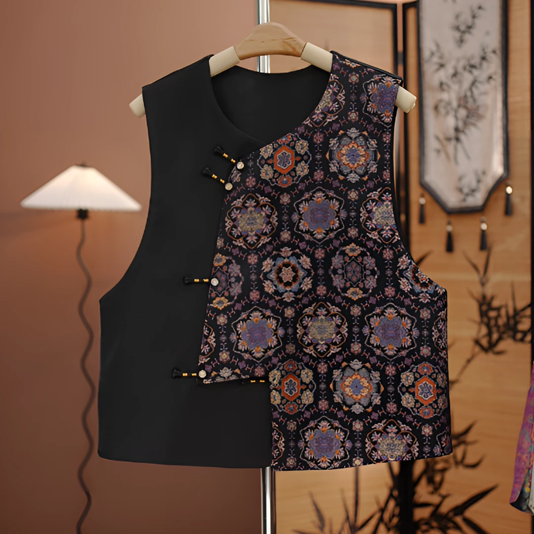 【墨青】复古感国风碎花盘扣马甲女圆领无袖叠穿洋气背心马夹