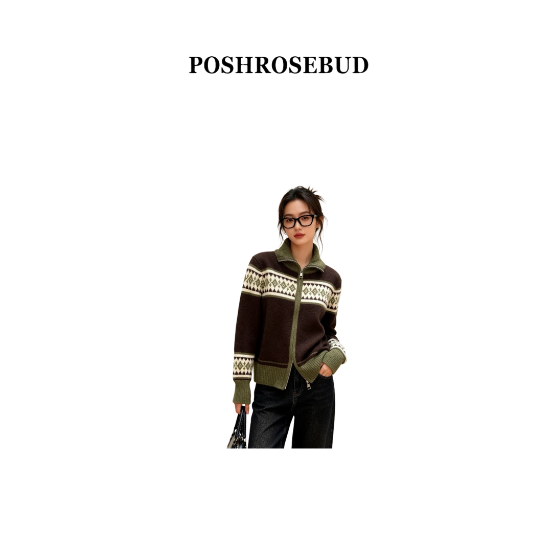 【POSHROSEBUD】2025秋冬季新款宽松百搭针织长袖开衫