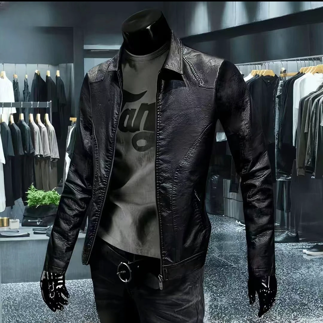 高档翻领皮衣夹克青年外套男春秋季休闲PU皮夹克男士时尚帅气男装